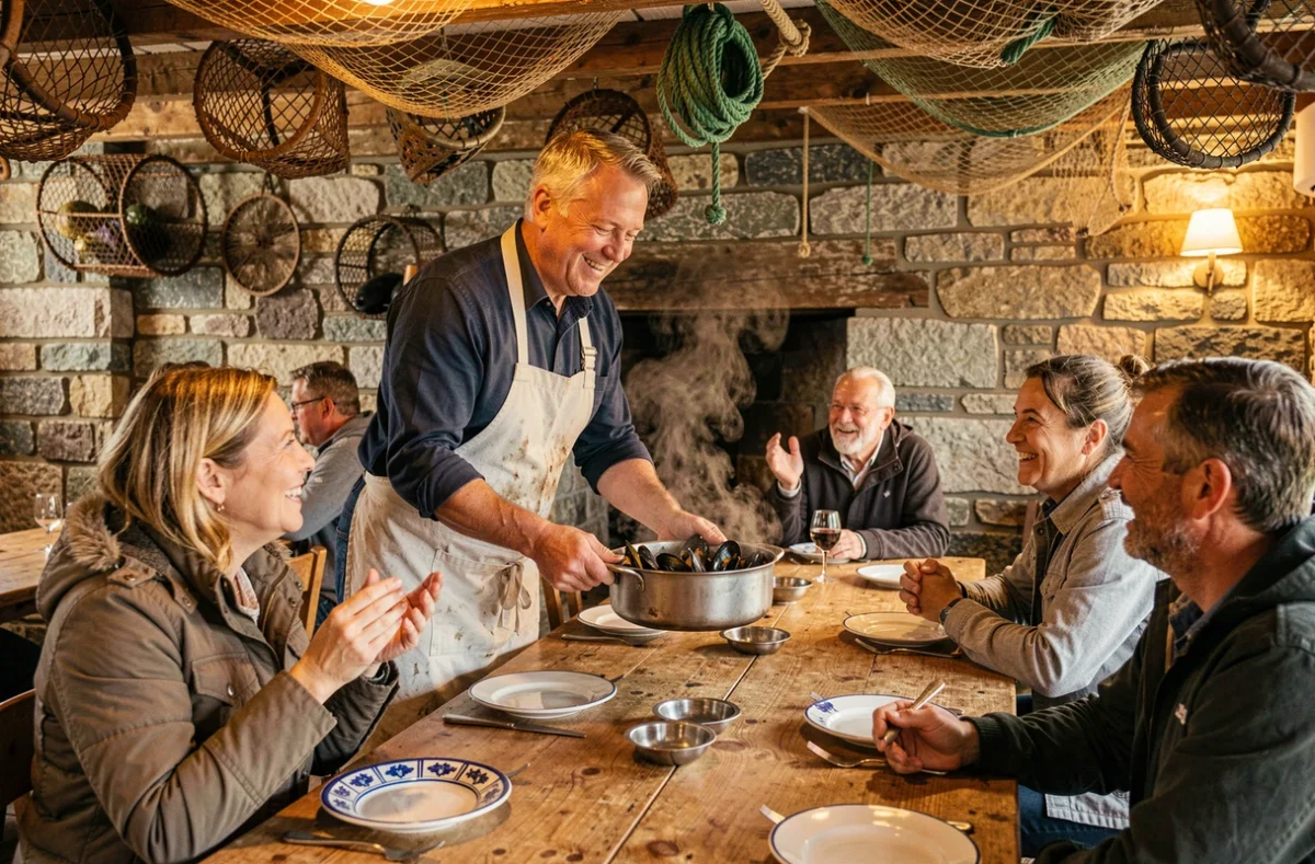 Chef présentant un plat de moules à des clients dans la salle en pierre du restaurant Castel Ac'h à Plouguerneau
