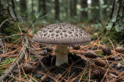Champignon Charbonnier (Tricholoma terreum) poussant naturellement sur un sol de forêt de conifères recouvert d'aiguilles de pin et d'humus sombre