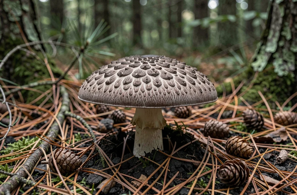 Champignon Charbonnier (Tricholoma terreum) poussant naturellement sur un sol de forêt de conifères recouvert d'aiguilles de pin et d'humus sombre