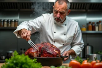 Chef professionnel arrosant un rôti de bœuf dans une cocotte en fonte au four pour attendrir la viande