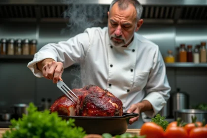 Chef professionnel arrosant un rôti de bœuf dans une cocotte en fonte au four pour attendrir la viande