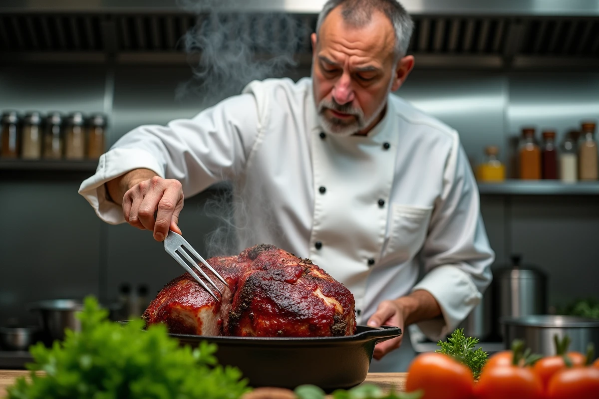 Chef professionnel arrosant un rôti de bœuf dans une cocotte en fonte au four pour attendrir la viande
