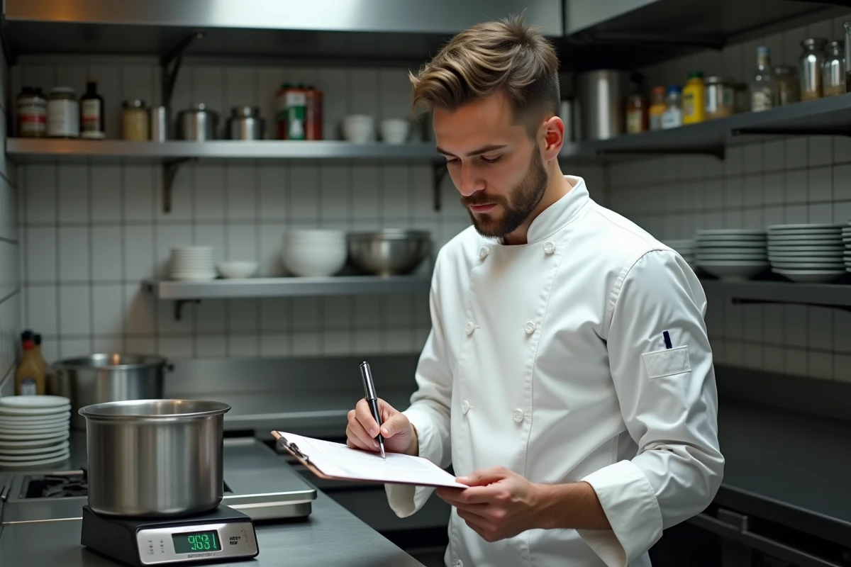 Jeune chef consultant une recette en comparant un verre doseur 40cl à une balance numérique dans une cuisine de restaurant