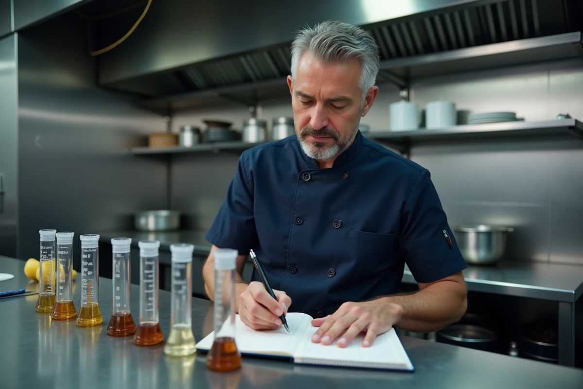 Chef cuisinier notant des conversions de centilitres en grammes dans une cuisine professionnelle