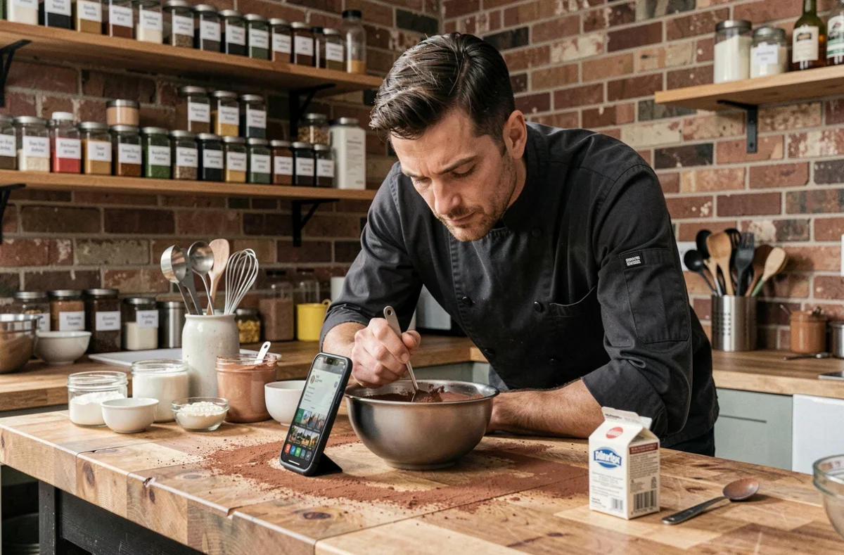 Chef cuisinier homme utilisant un convertisseur en ligne sur smartphone pour mesurer des grammes en centilitres lors d'une recette de pâtisserie