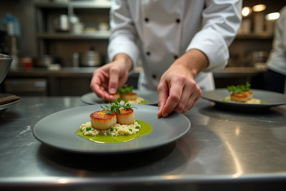 Chef plating des coquilles Saint-Jacques avec risotto aux petits pois et mousse de champagne en cuisine pour le réveillon de Noël