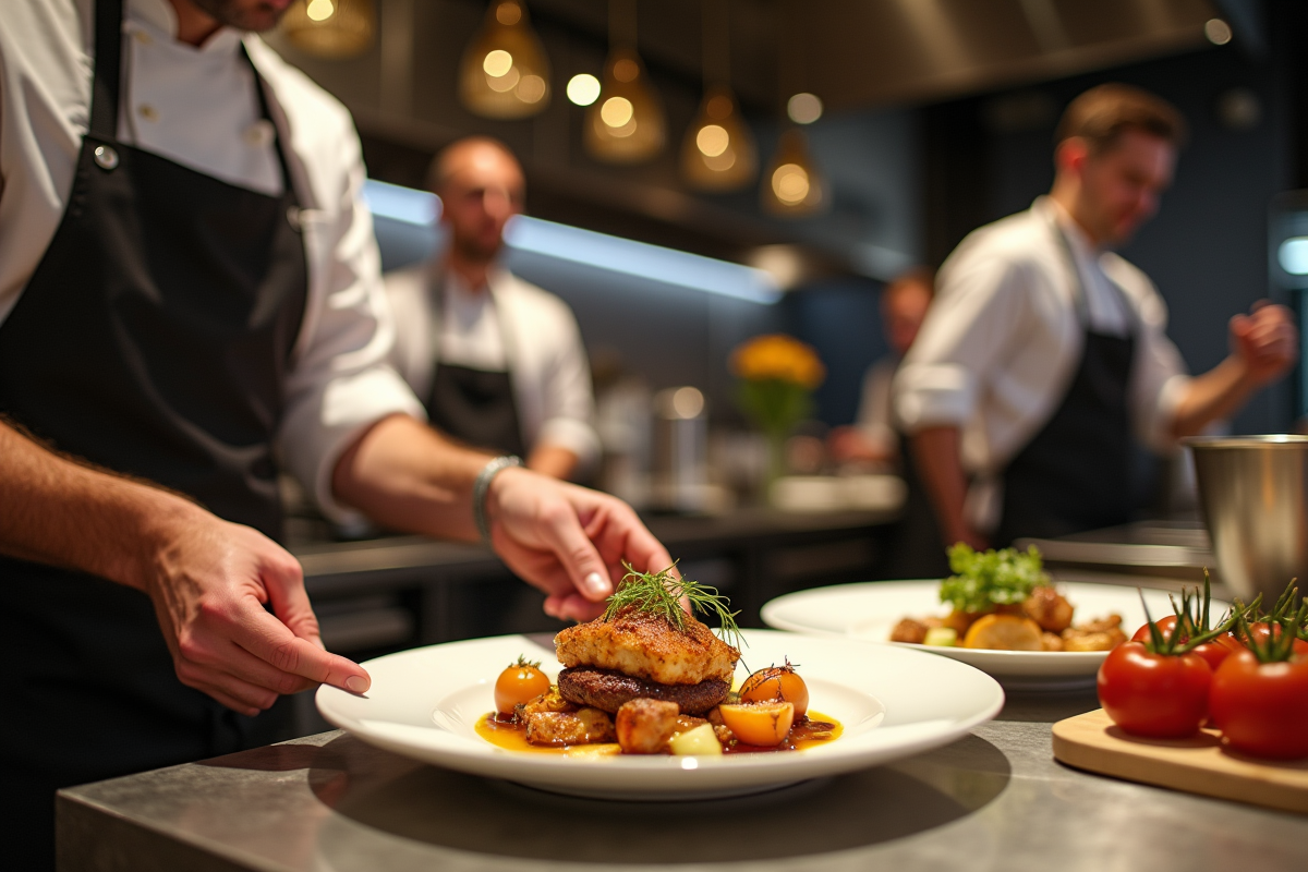 Chef en cuisine haut de gamme dressant un plat signature avec clients en arrière-plan