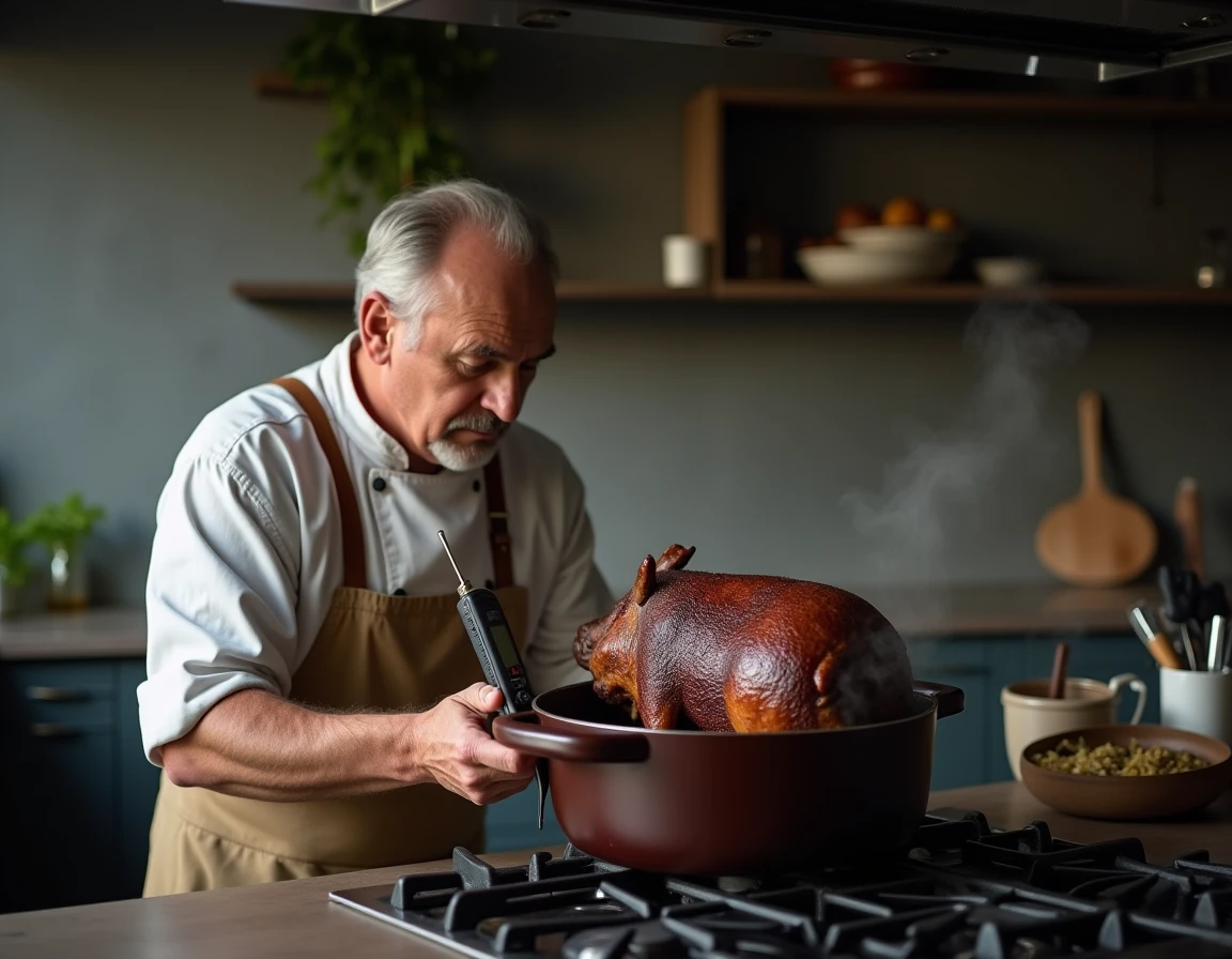 Chef vérifiant la cuisson d'un rôti de sanglier en cocotte avec thermomètre sonde dans une cuisine professionnelle