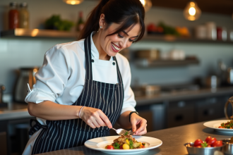 Femme chef souriante en cuisine professionnelle