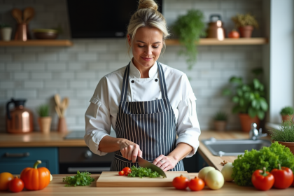 Femme chef en cuisine préparant des légumes frais