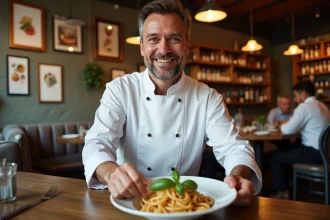 Chef italien souriant préparant des pâtes fraîches dans un restaurant rustique