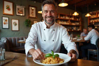 Chef italien souriant préparant des pâtes fraîches dans un restaurant rustique