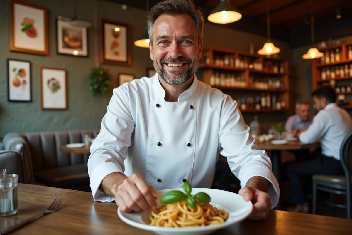 Chef italien souriant préparant des pâtes fraîches dans un restaurant rustique