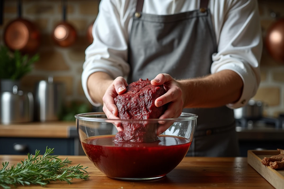Chef en tablier de lin plongeant une épaule de chevreuil dans une marinade aux baies de genièvre dans une cuisine rustique