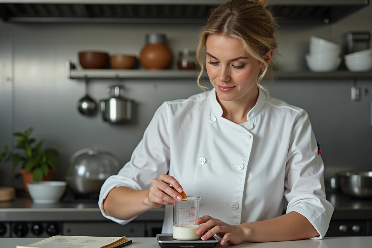 Chef professionnelle mesurant 6 centilitres de liquide dans un beaker gradué posé sur une balance de cuisine numérique