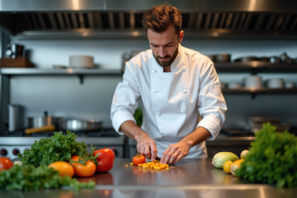 Chef professionnel en action coupant des légumes frais