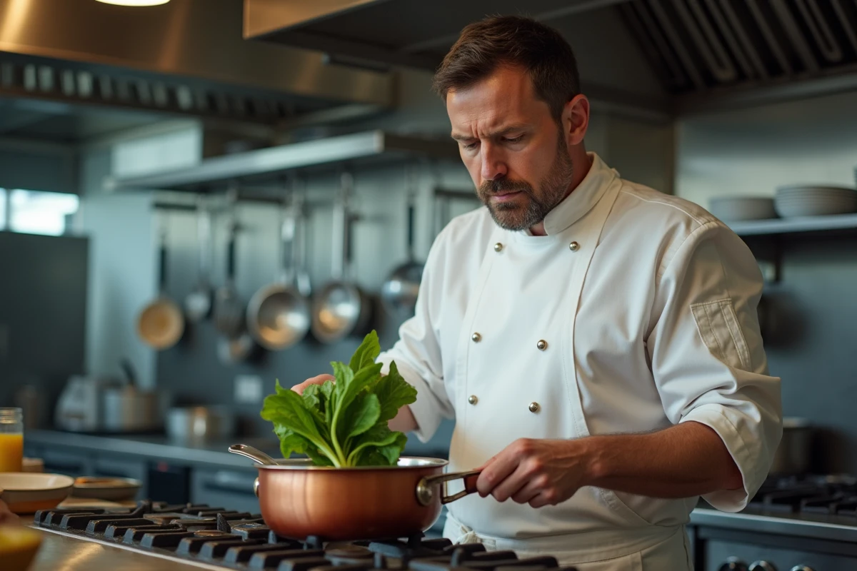 Chef professionnel faisant sauter des épinards au beurre noisette dans une casserole en cuivre