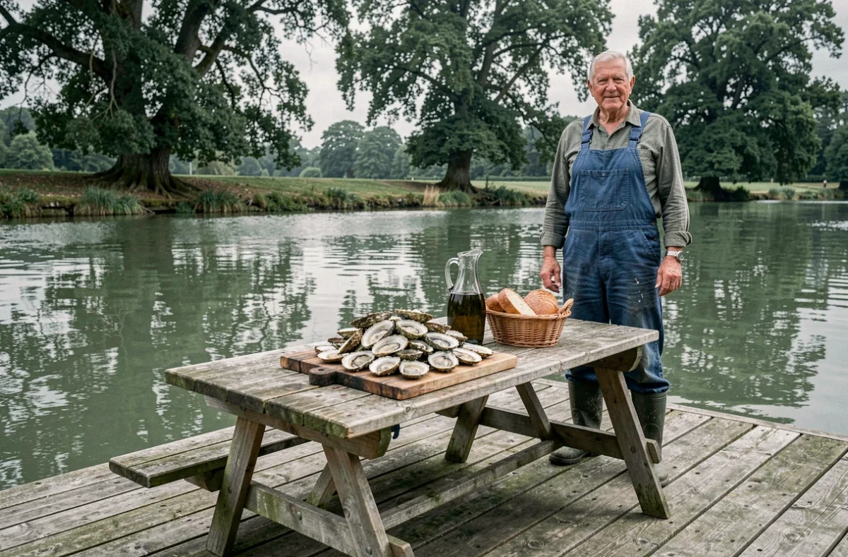 Dégustation d'huîtres de Bélon sur ponton au bord de la rivière chez Jacky à Riec-sur-Bélon