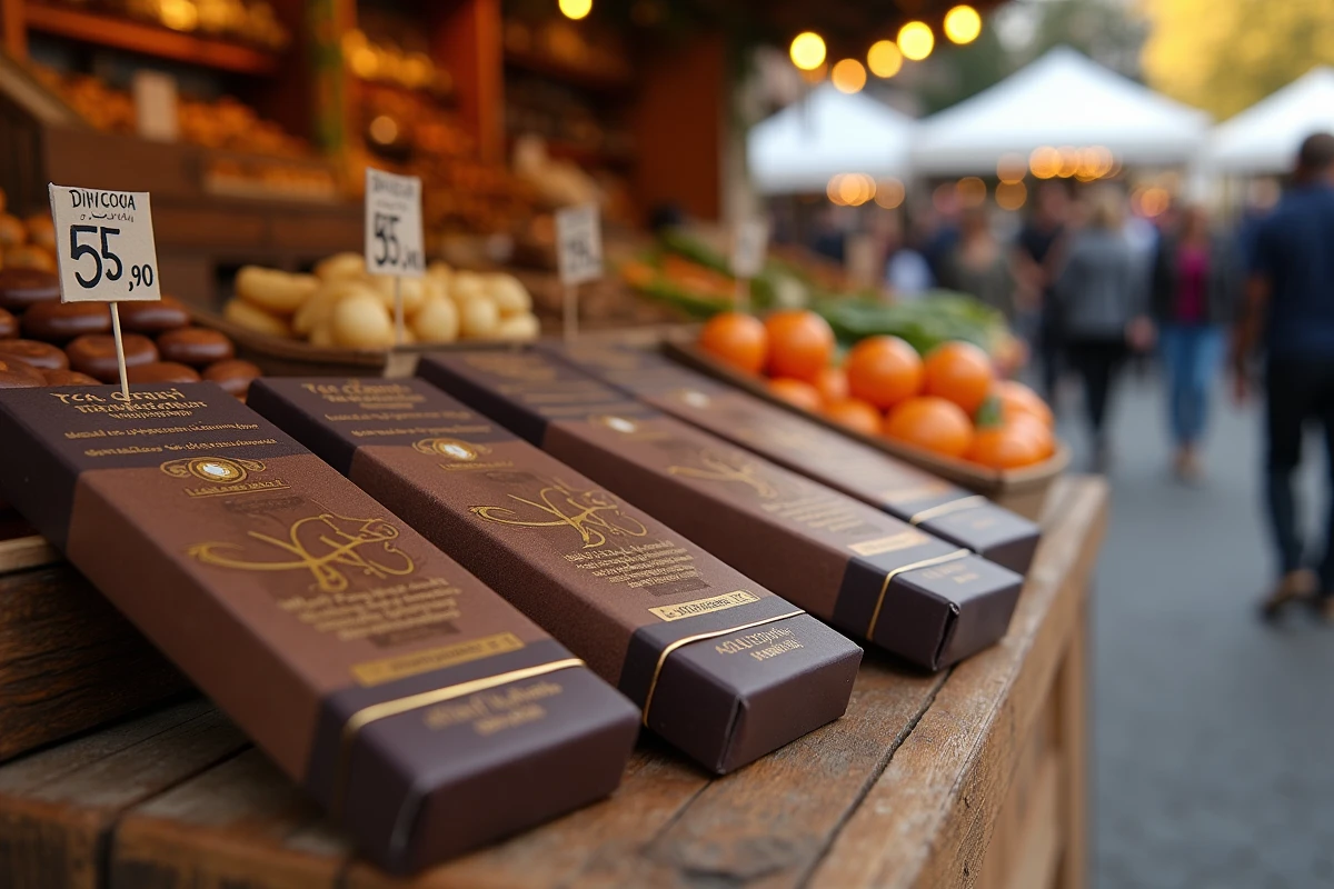 Tablettes de chocolat Dubaï avec étiquettes de prix exposées sur un étal de marché artisanal en France