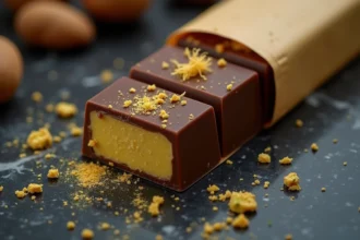 Tablette de chocolat Dubaï déballée révélant sa garniture pistache et kataifi sur marbre sombre