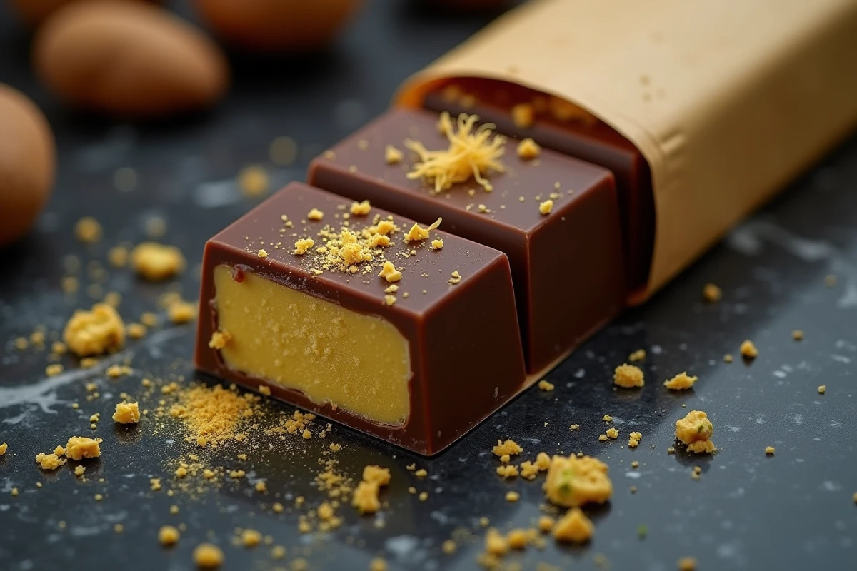 Tablette de chocolat Dubaï déballée révélant sa garniture pistache et kataifi sur marbre sombre