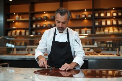 Chocolatier professionnel tempérant du chocolat de luxe dans une chocolaterie haut de gamme à Dubaï