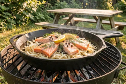 Choucroute aux poissons cuite dans une poêle en fonte sur un barbecue au charbon dans un jardin d'été ensoleillé