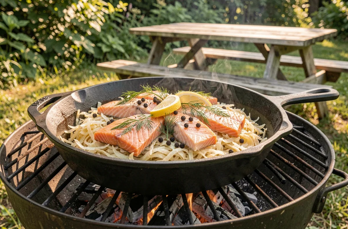 Choucroute aux poissons cuite dans une poêle en fonte sur un barbecue au charbon dans un jardin d'été ensoleillé