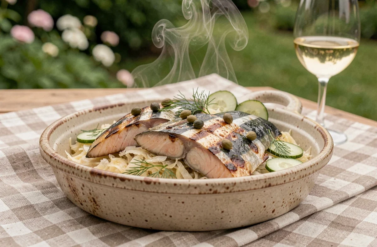 Plat de choucroute aux poissons grillés servi dans un plat en céramique rustique sur une table de jardin avec vin blanc