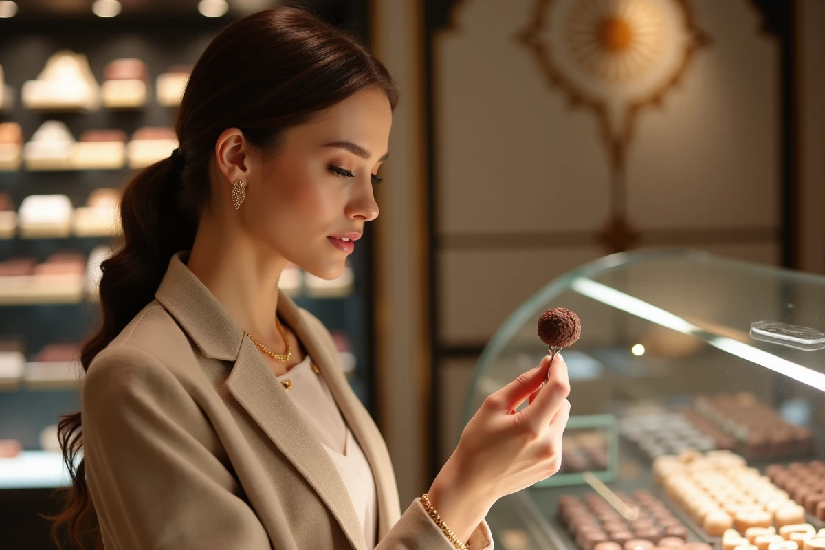 Cliente élégante inspectant un chocolat de qualité dans une boutique de chocolaterie de luxe à Dubaï