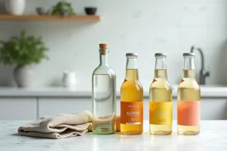 Comparatif de trois bouteilles d'alcool : alcool 90° pour fruits, alcool à brûler et alcool modifié posées sur un plan de travail en marbre blanc