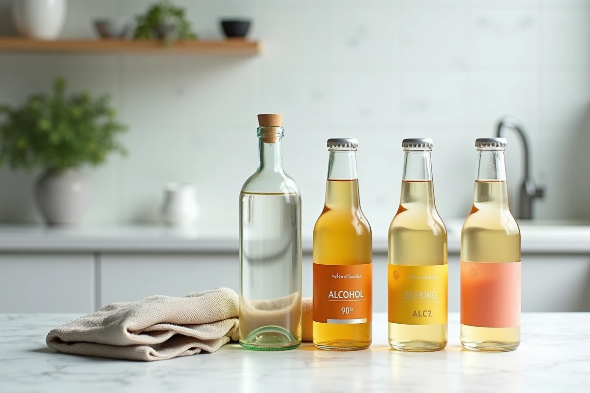 Comparatif de trois bouteilles d'alcool : alcool 90° pour fruits, alcool à brûler et alcool modifié posées sur un plan de travail en marbre blanc