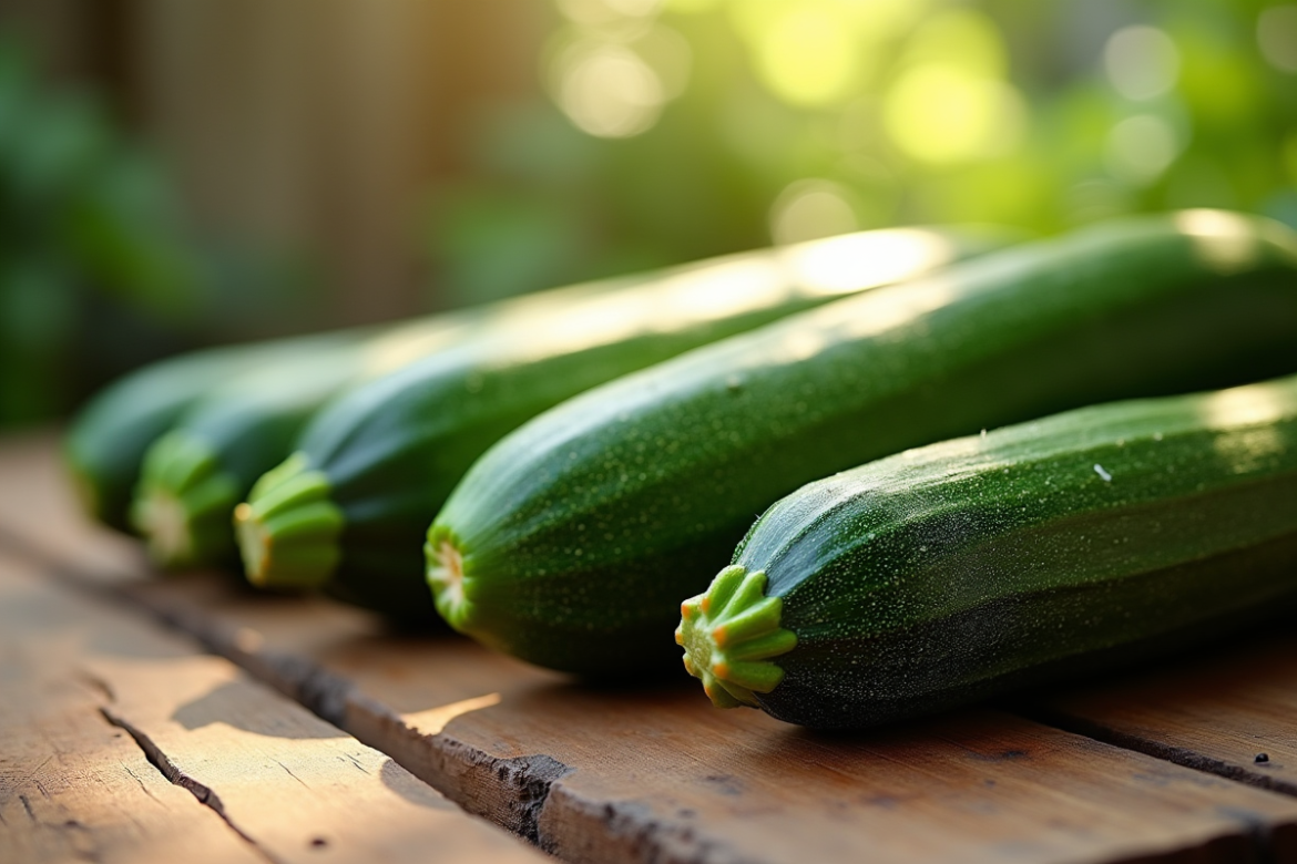Concombres et zucchinis frais sur une table en bois