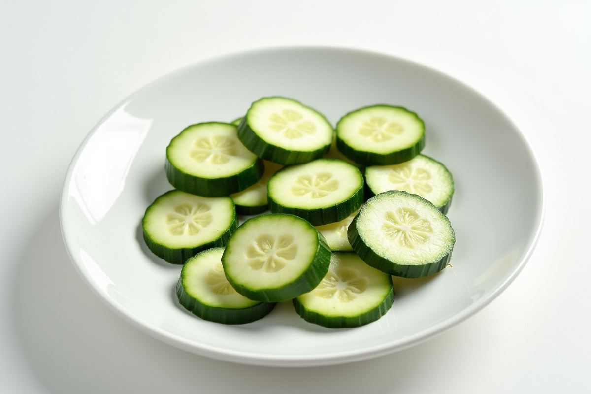 Tranches de concombre et zucchini sur une assiette blanche
