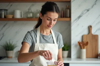Femme en tablier versant un liquide d'un verre doseur de 12,5 cl dans un cylindre gradué en millilitres sur un plan de travail en marbre