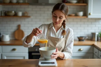 Cuisinière versant 40cl de liquide dans un bol de balance de cuisine affichant des grammes sur un comptoir en bois