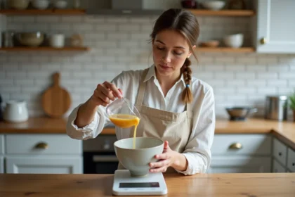 Cuisinière versant 40cl de liquide dans un bol de balance de cuisine affichant des grammes sur un comptoir en bois