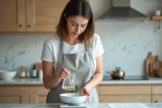 Femme versant un liquide dans une balance de cuisine pour convertir des centilitres en grammes