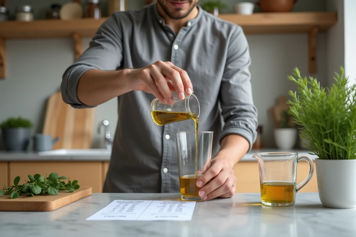 Homme convertissant des centilitres en grammes dans une cuisine maison avec une fiche de conversion manuscrite sur le plan de travail