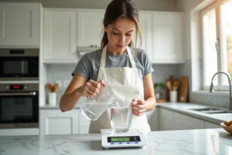Femme versant de l'eau d'un pichet gradué d'un litre sur une balance de cuisine numérique affichant les grammes