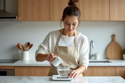 Femme versant de l'eau sur une balance de cuisine pour convertir des litres en kilogrammes