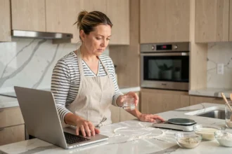Femme cuisinière consultant un convertisseur gramme en cl sur un ordinateur portable dans une cuisine moderne avec des ingrédients posés sur le plan de travail en marbre