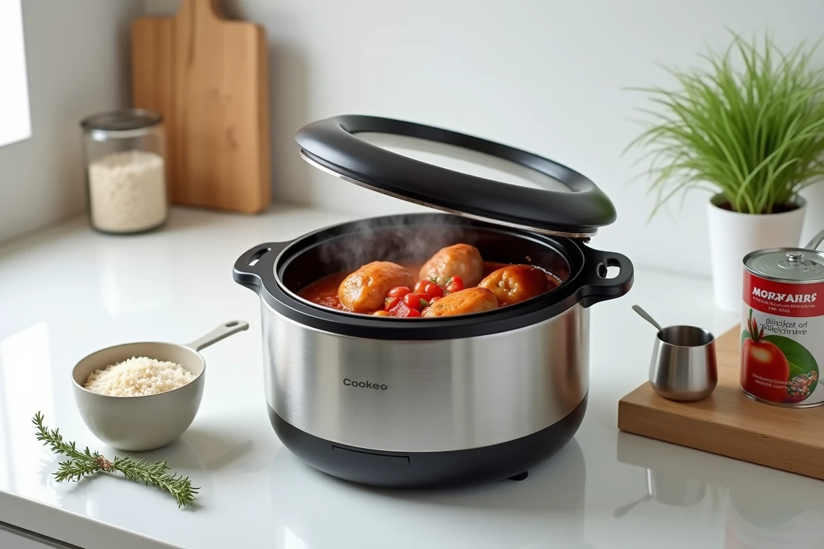 Cookeo ouvert avec des cuisses de poulet à la sauce tomate en cours de cuisson, entouré d'ingrédients pour le batch cooking