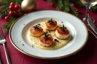 Assiette élégante de coquilles Saint-Jacques poêlées avec purée de chou-fleur et truffe noire pour un menu de Noël raffiné