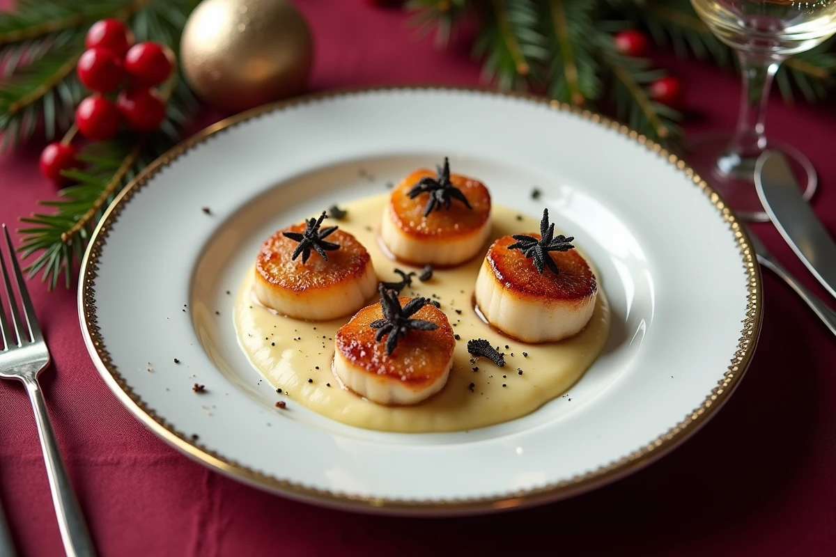 Assiette élégante de coquilles Saint-Jacques poêlées avec purée de chou-fleur et truffe noire pour un menu de Noël raffiné