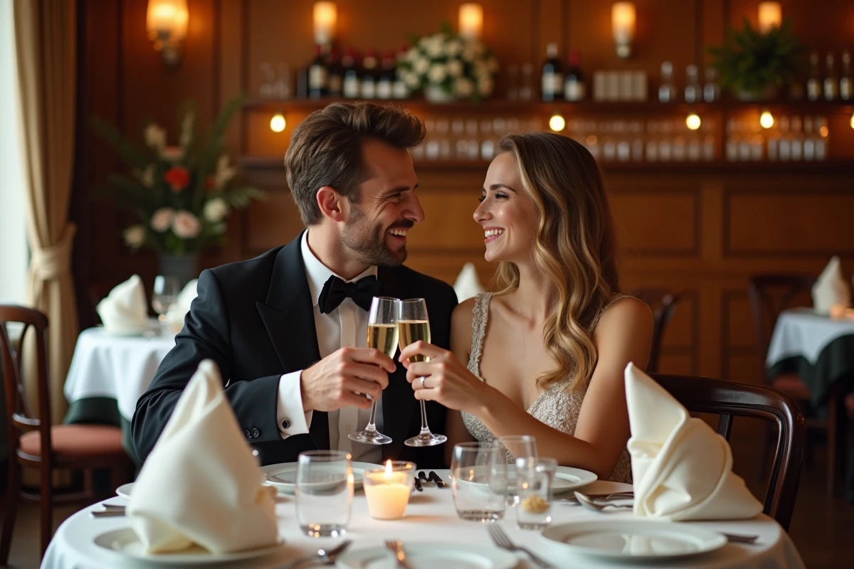 Jeune couple élégant trinant dans un restaurant français