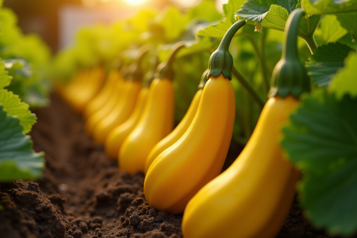 Courgettes jaunes en pleine croissance dans un jardin ensoleille