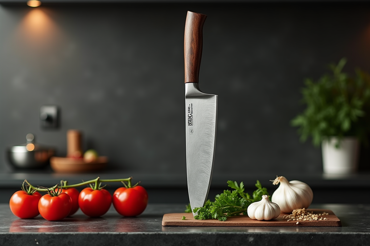 Couteau de chef sur plan de travail avec herbes et tomates