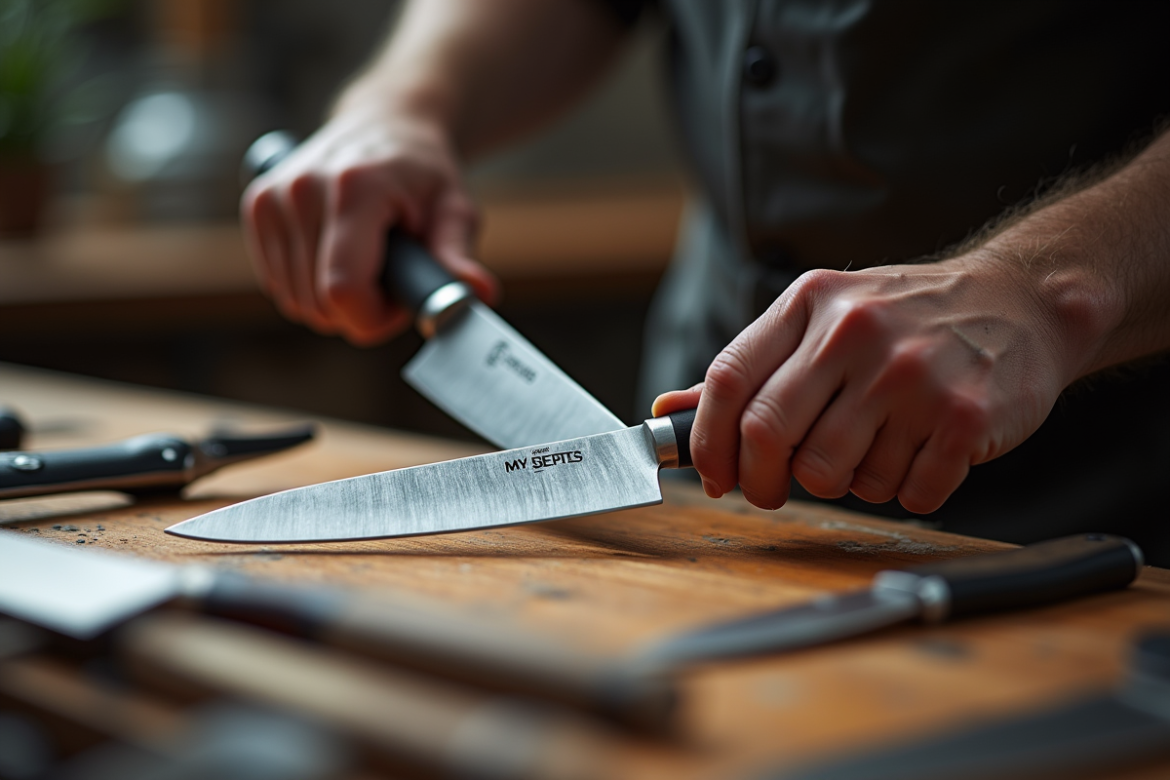 Mains d'un artisan inspectant un couteau de cuisine haut de gamme