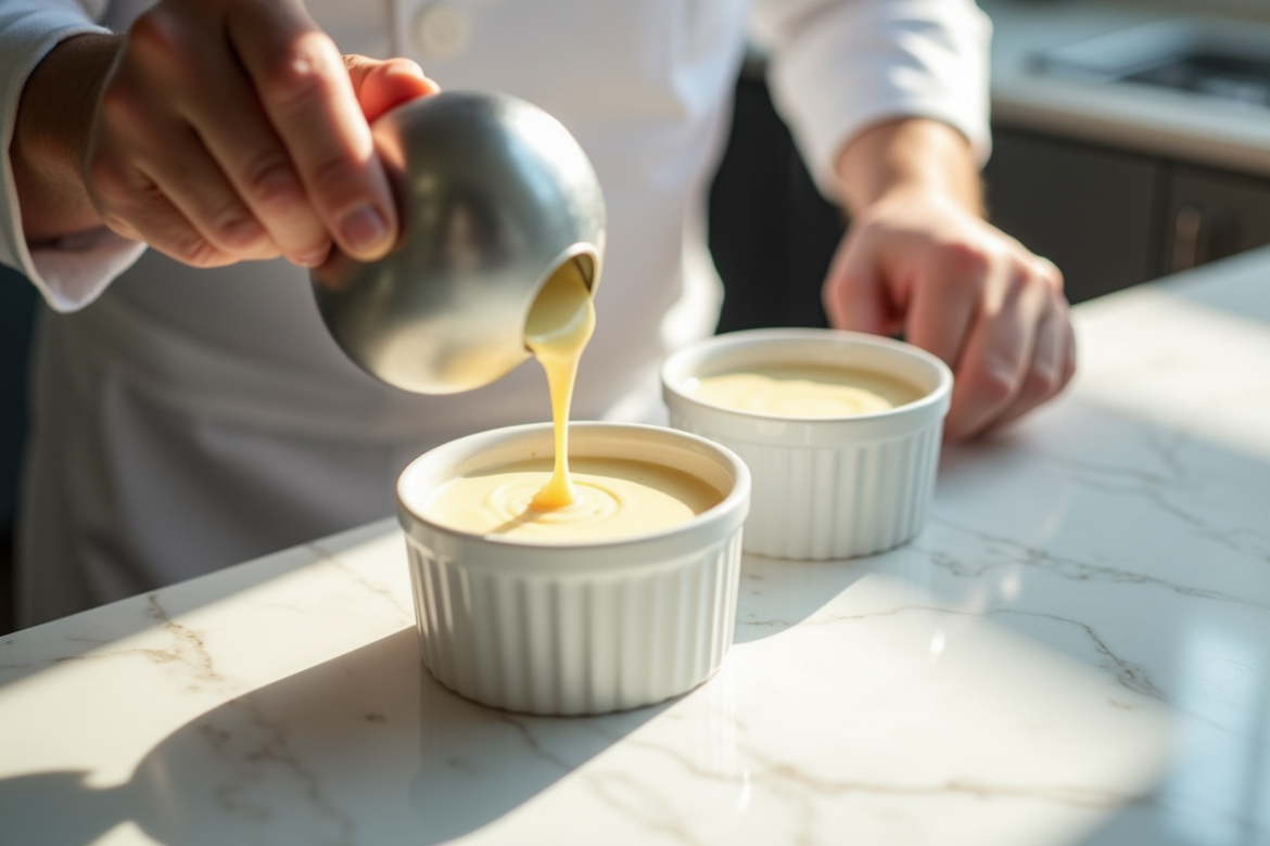Chef versant creme d'amande dans des ramequins élégants